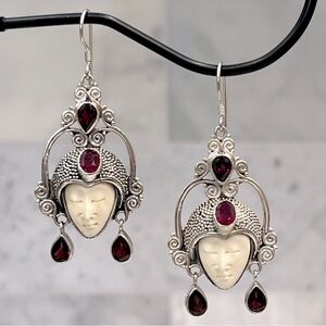 Carved Bone Multigemstone Sterling Silver Dangle Earrings